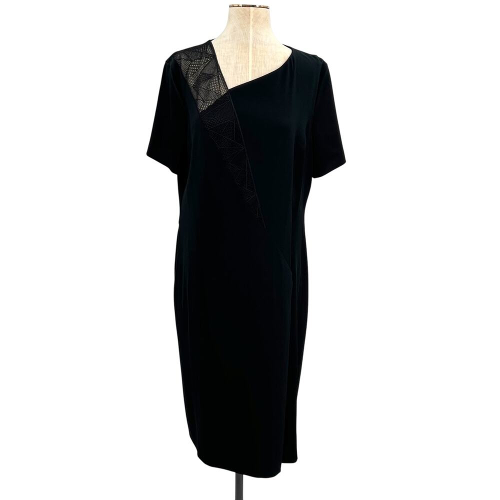 Strenesse Dress Sheath Short Sleeve Asymmetric Neck Lace Black Size US 12